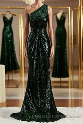 Sheath/Column One-Shoulder Sweep Train Sequins Bridesmaid Dresses